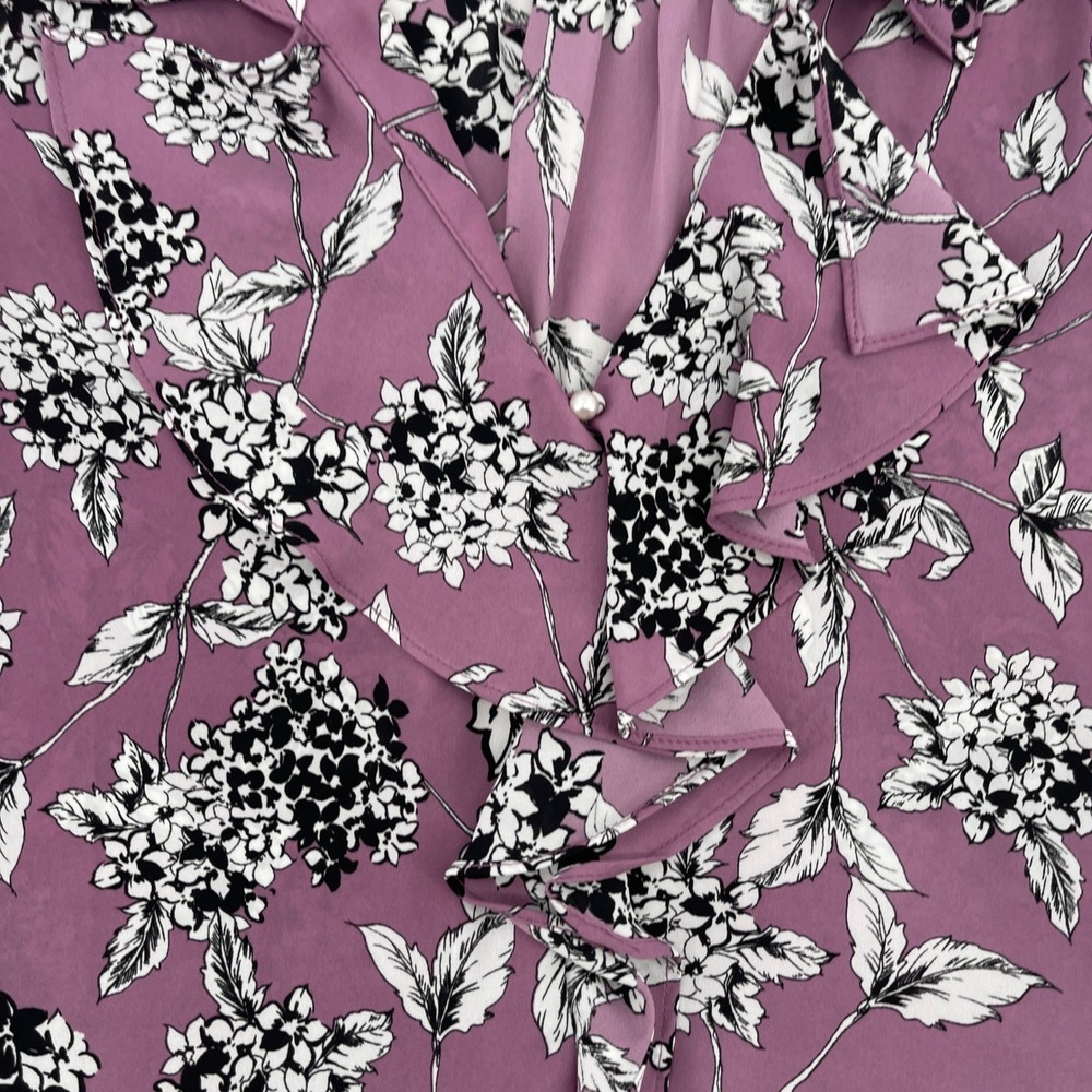 KARL‎ LAGERFELD PARIS Purple Floral Ruffle Front Button Down Blouse, SZ XL - Picture 4 of 11